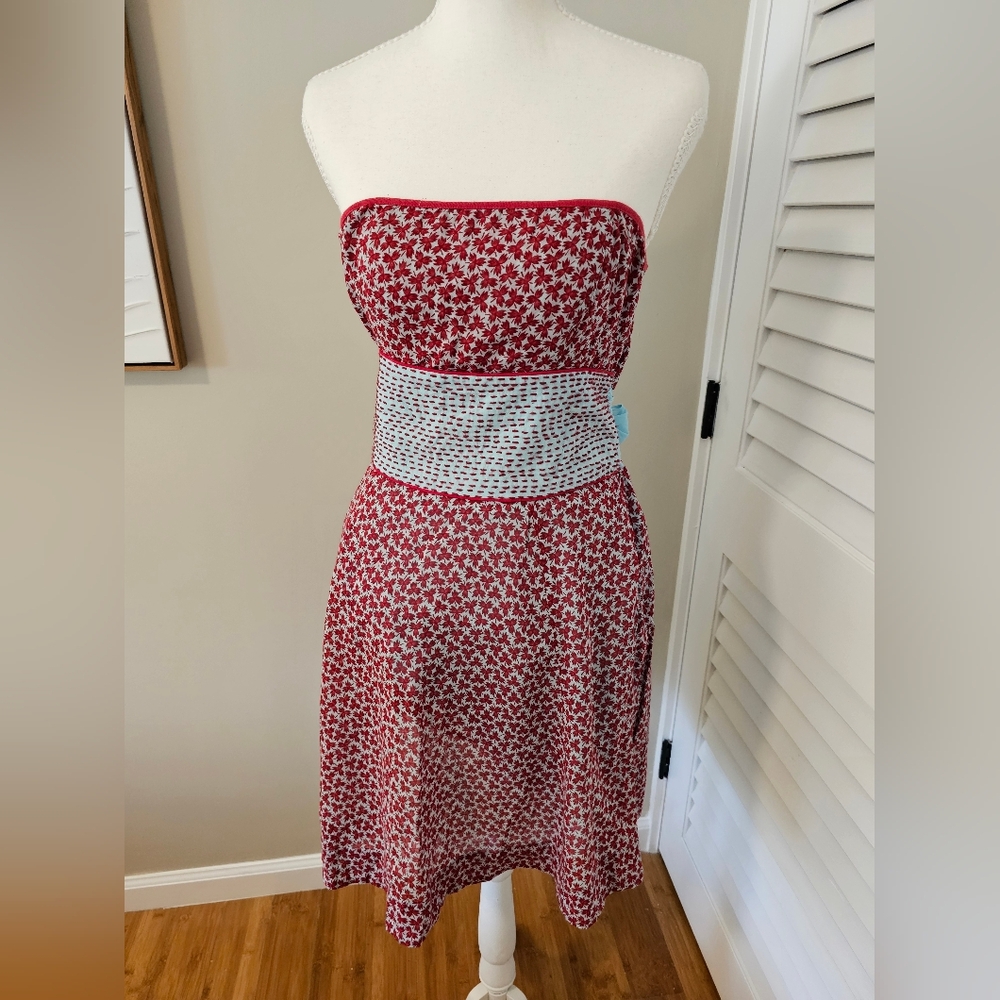 Free People Red/Blue Ditsy Floral Leaf Sash Tube Strapless mini dress